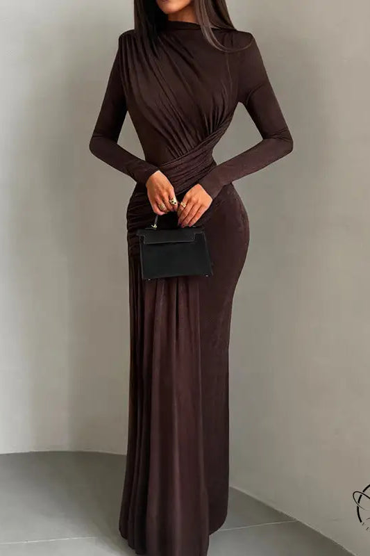 Brown slim fit winter pleated maxi dress with draped neckline and side slit