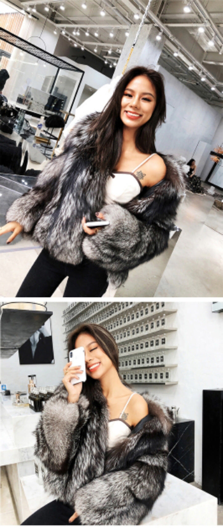 Luxurious grey faux fur coat displayed in a stylish salon setting for fashion enthusiasts