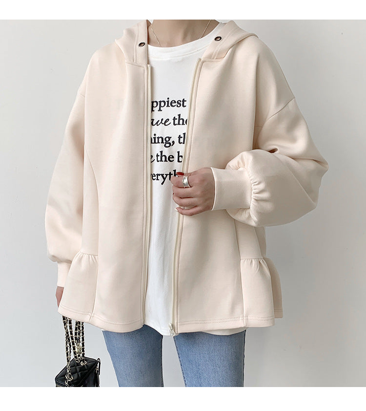 Light pink hooded zip-up jacket from Letian Ruffled Hooded Jacket in vetements winter collection
