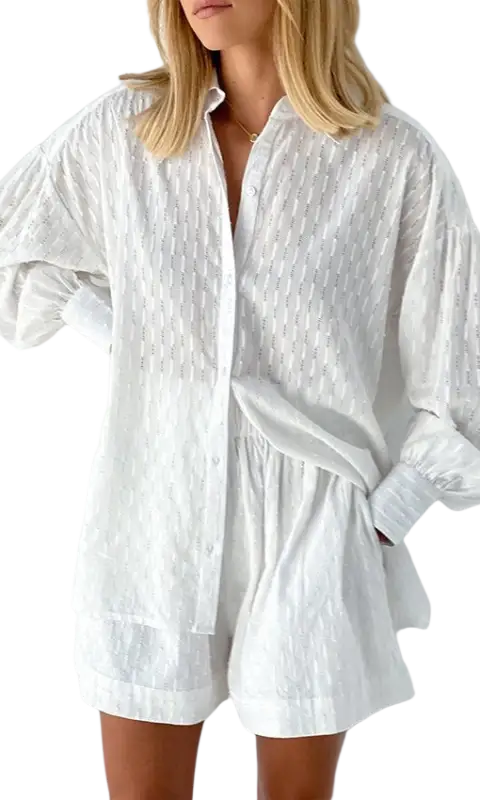 White oversized button-up shirt in French jacquard pajamas set