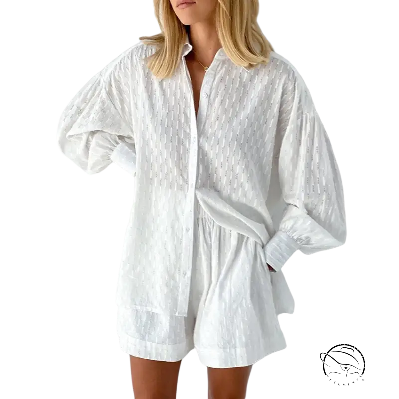 White oversized button-up shirt in French jacquard pajamas set