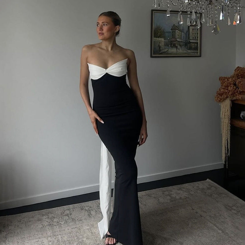 Elegant black and white strapless gown from the Stunning Backless Ribbon Dress collection