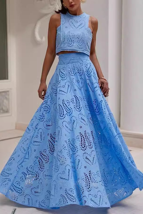 Light blue eyelet two-piece dress from Langry, perfect for casual vacation fashion