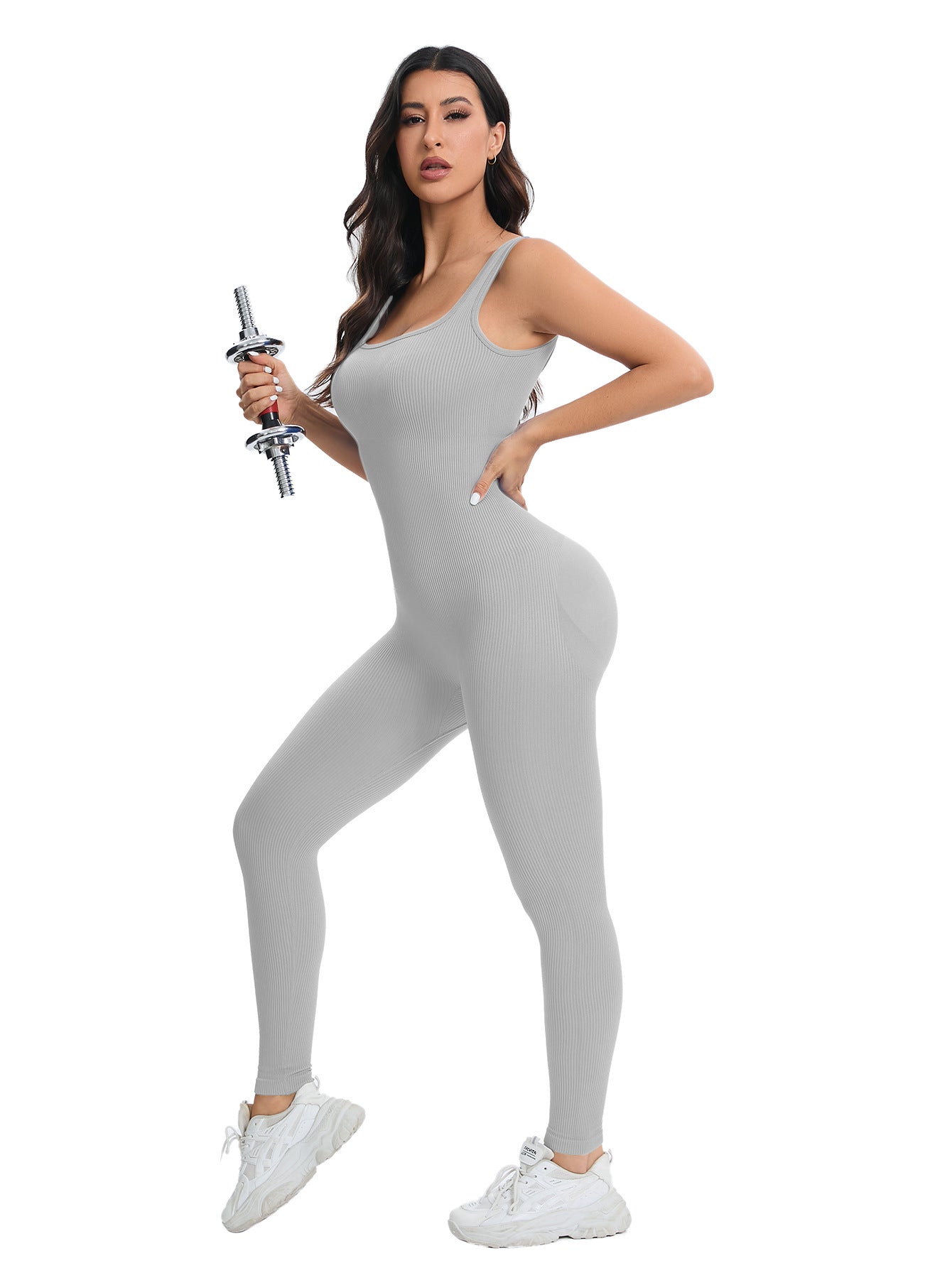 Gray ribbed breathable seamless knitted peach hip slim fit langry fashion suit