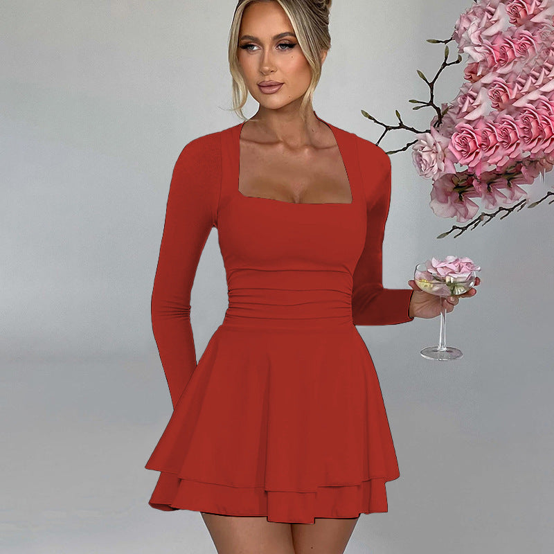Red square-neck long-sleeve dress from Elegant Ruffles Simple Dress collection in fashion