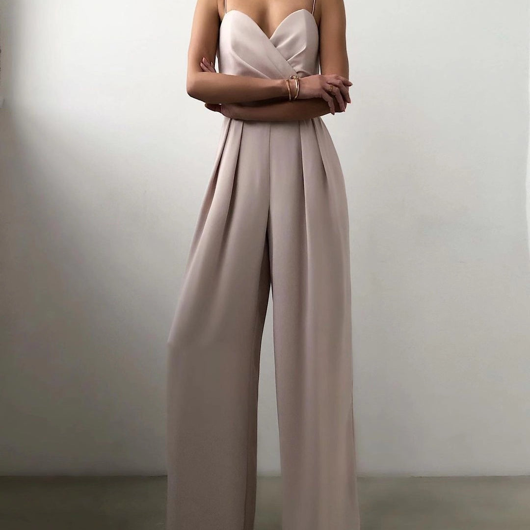 Elegant strapless beige jumpsuit with pleated wide-leg pants for modern fashion ملابس