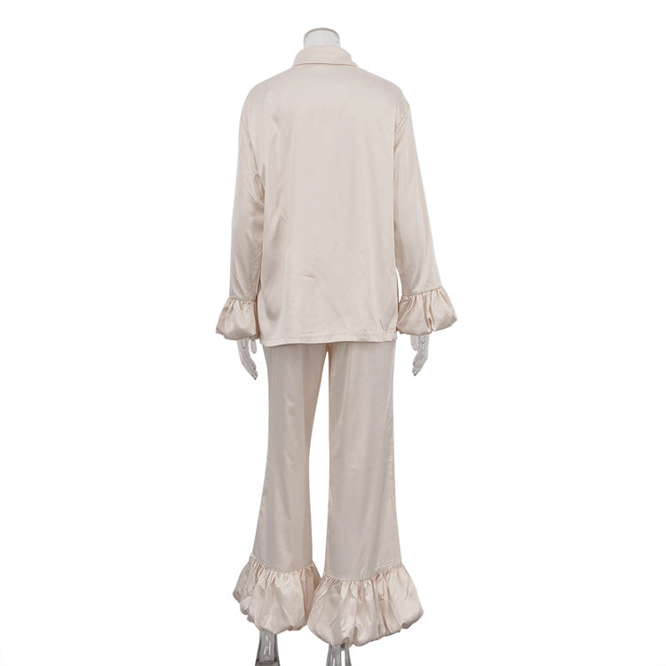 Stitching Bell Sleeve Polo Collar Top Loose Trousers Two Piece Sets