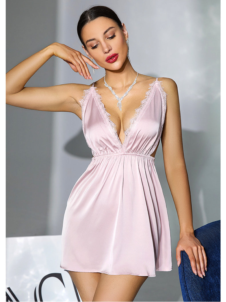 Langry soft pink satin lace deep V plunge backless nightdress