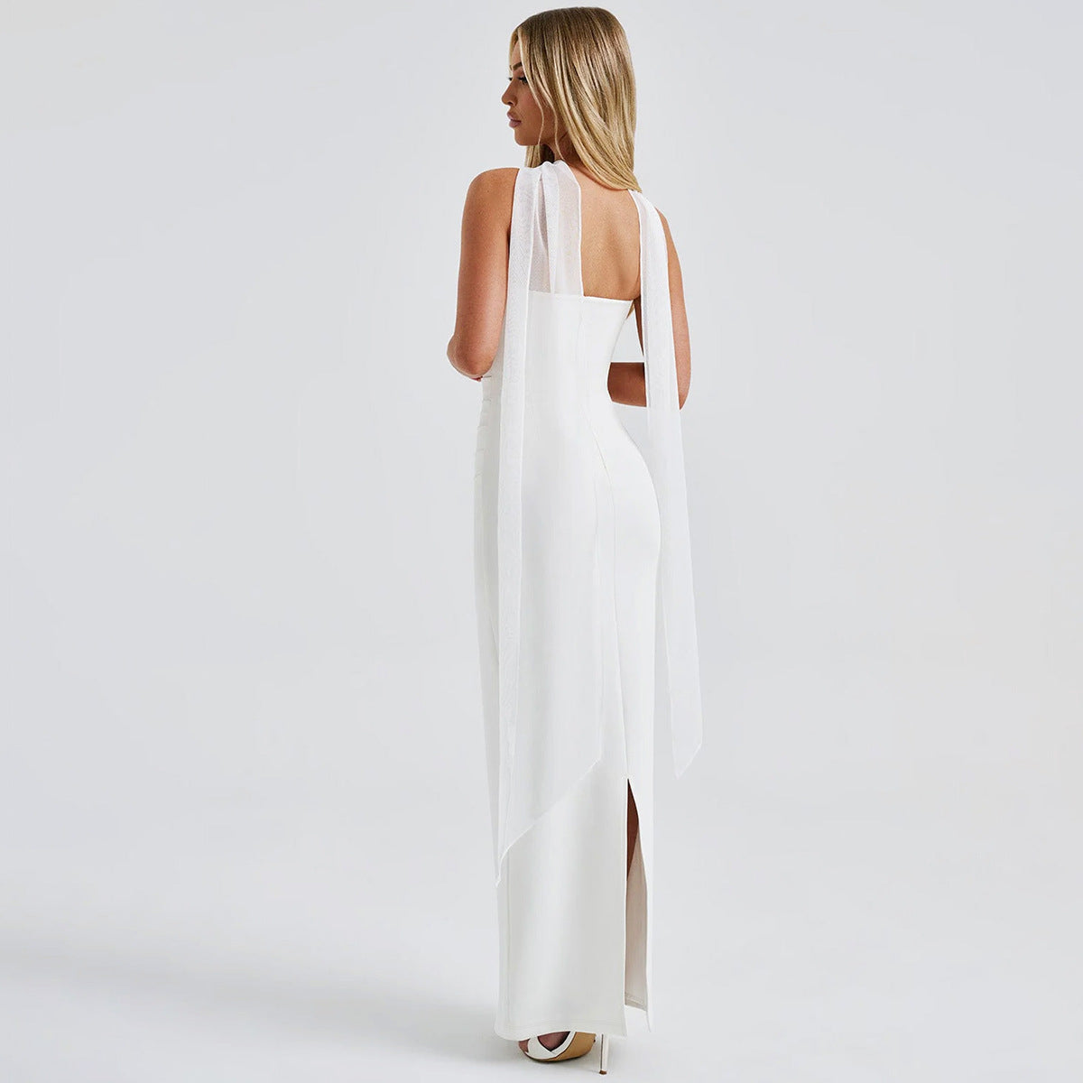 White sleeveless gown with sheer cape from Gorgeous Winter Evening Dress, perfect for langry fashion events