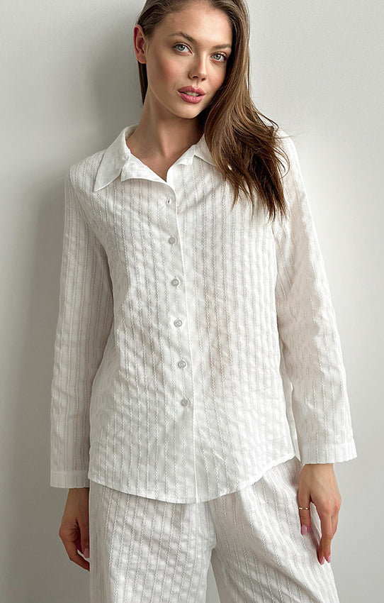 Elegant white pure cotton langry fashion pajama set with button front