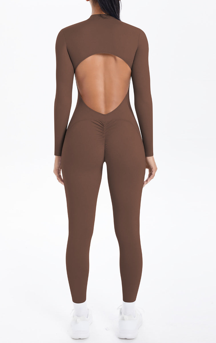 Brown long sleeve yoga one-piece with back cutout in Langry fashion
