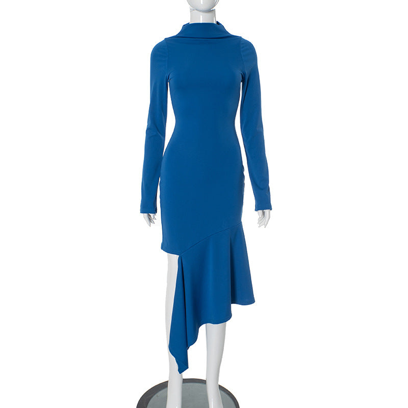 Royal blue asymmetrical Langry fashion dress with slit embellishment