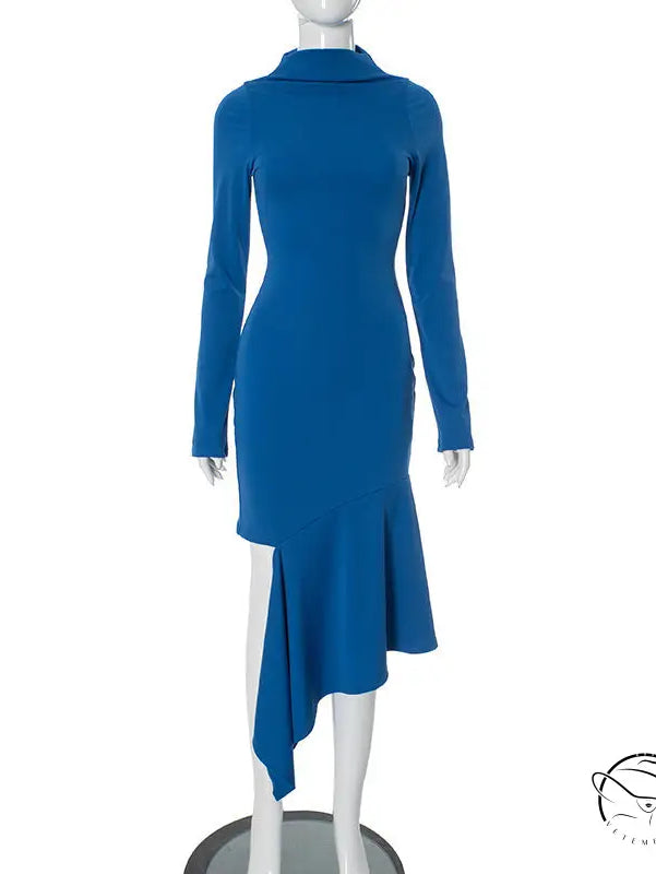 Royal blue asymmetrical langry fashion dress with slit embellishment