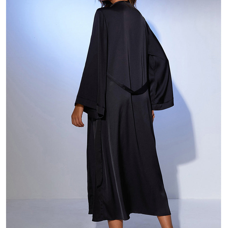 Langry black satin loose long tie nightgown with slits, minimalist fashion