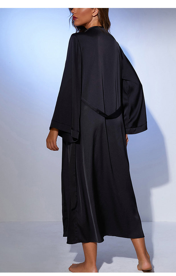 Langry black satin loose long tie nightgown with slits, minimalist fashion