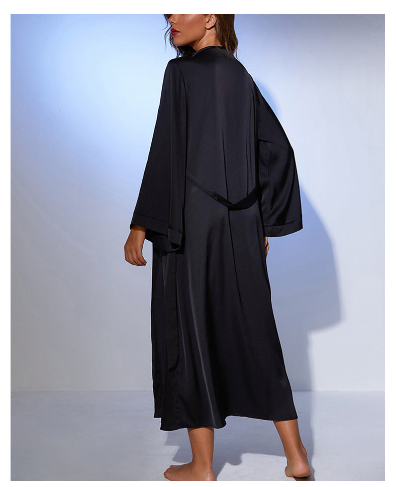 Langry black satin loose long tie nightgown with slits, minimalist fashion