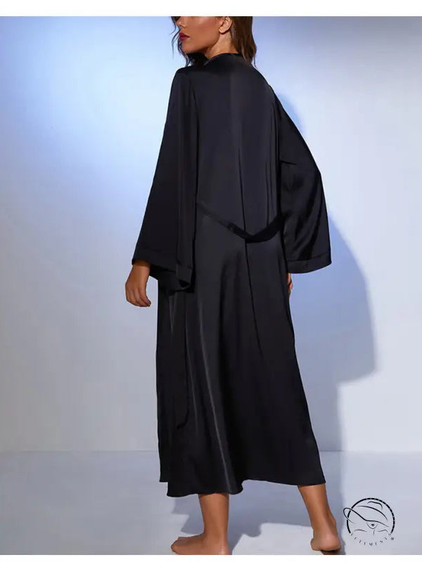 Black satin loose long tie nightgown with long sleeves and side slits