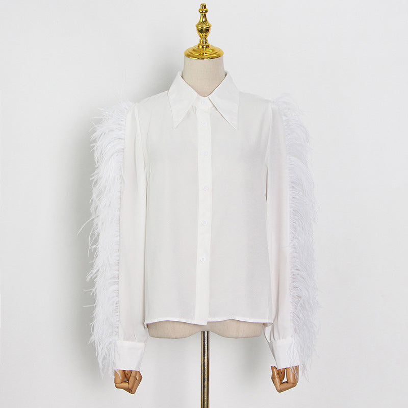 White long sleeve polo shirt with feathered sleeves and ostrich feather detailing for fashion