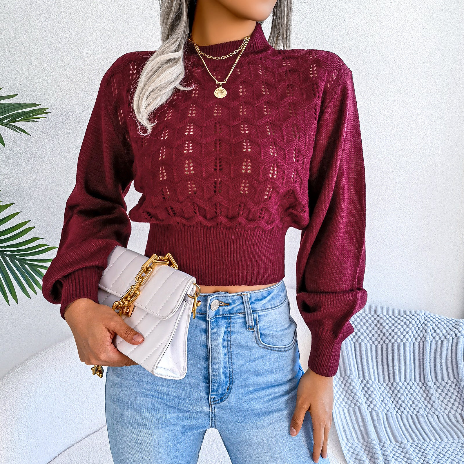Burgundy Lantern Sleeve Cropped Knitted Sweater with balloon sleeves for stylish fashion