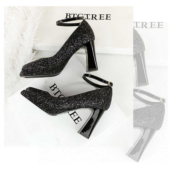 Waterproof Low Cut Square Toe Sequ Ankle Strap Shoes