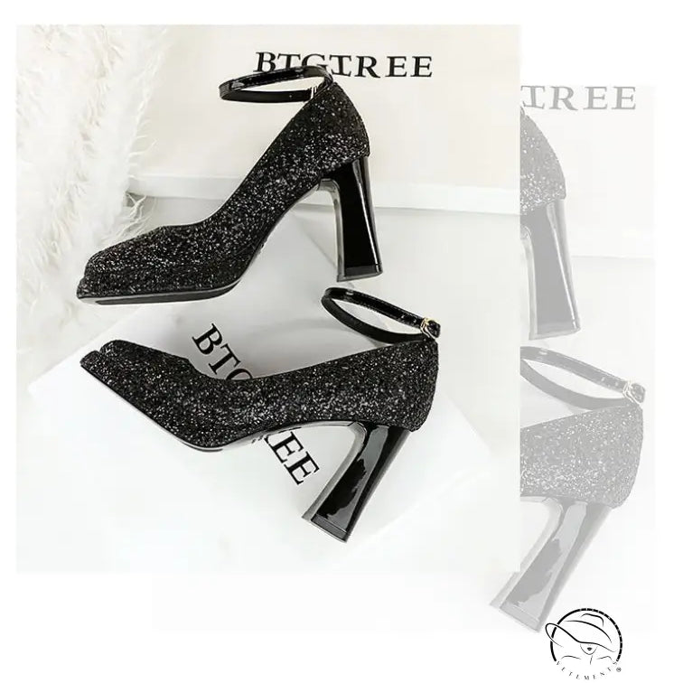 Waterproof Low Cut Square Toe Sequ Ankle Strap Shoes