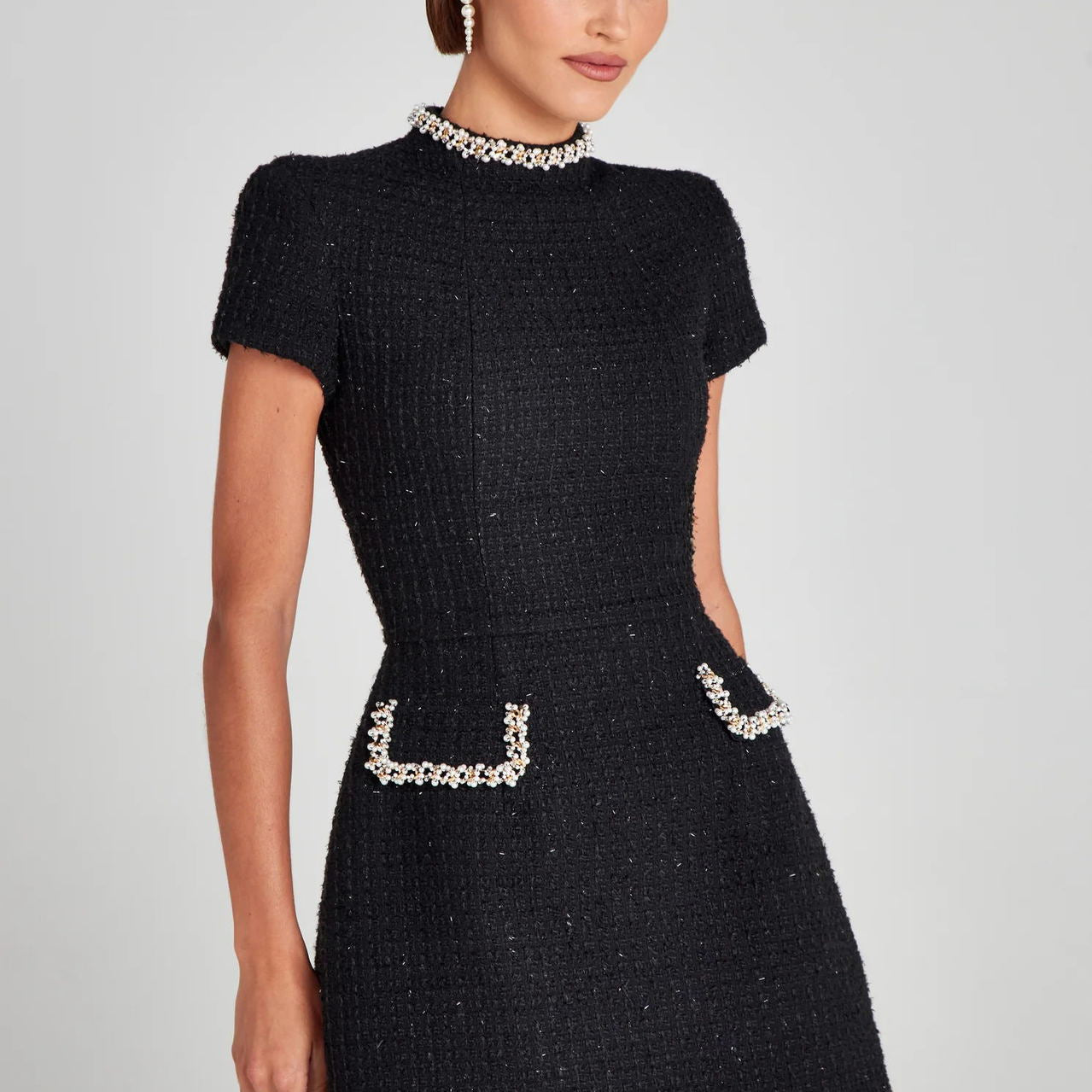 Classic black tweed mini dress with crystal accents for elegant fashion ملابس