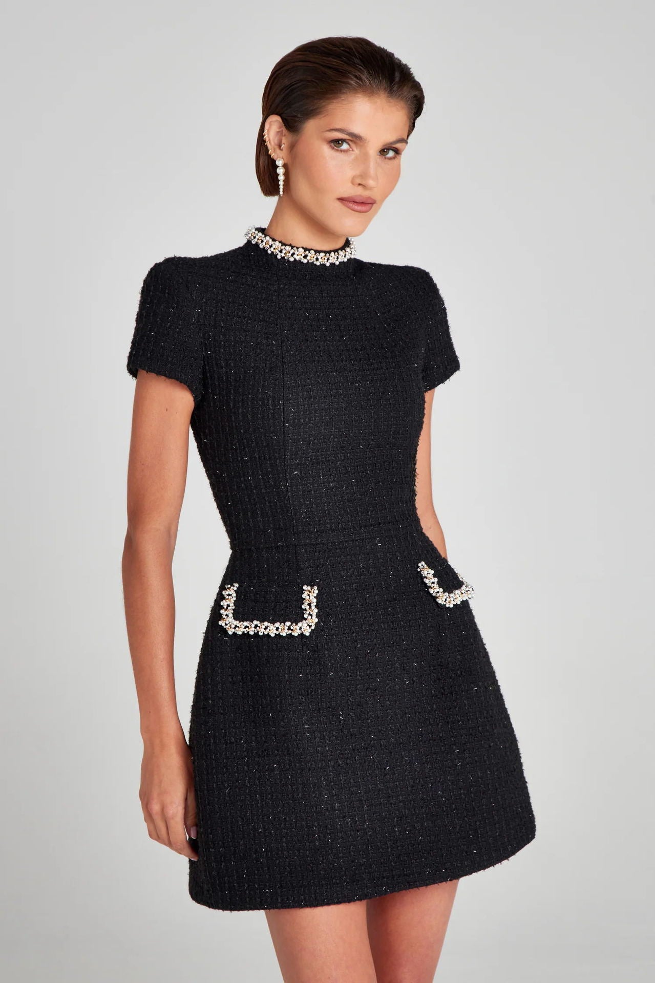 Classic black tweed mini dress with crystal accents for elegant fashion ملابس