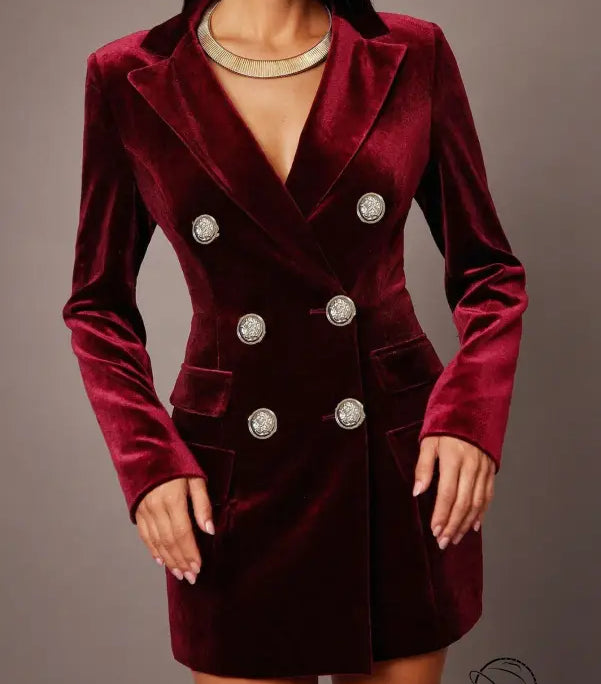 Elegant burgundy velvet slim blazer with silver buttons, langry fashion ملابس