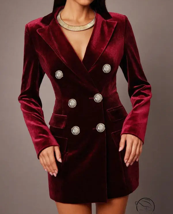 Elegant burgundy velvet slim blazer with silver buttons, langry fashion ملابس