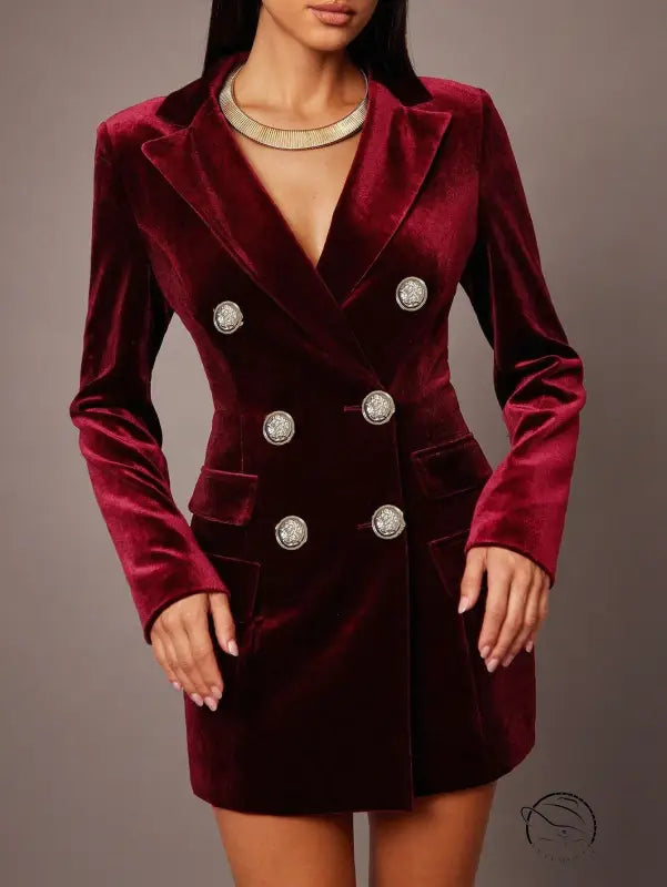 Elegant burgundy velvet slim blazer with silver buttons, langry fashion ملابس