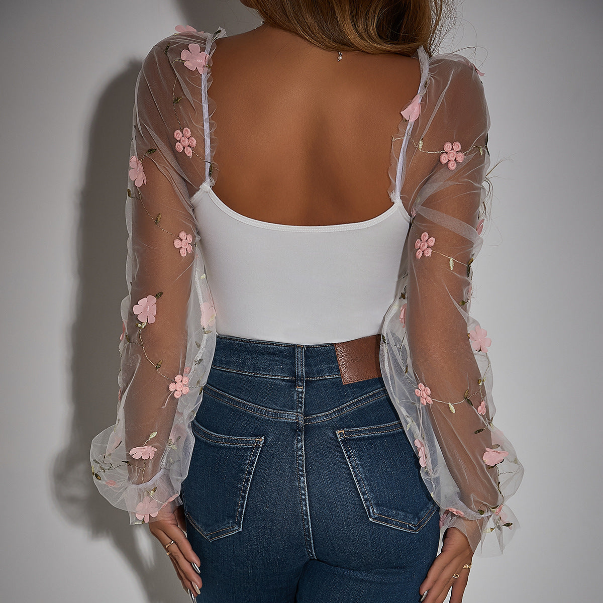 Elegant floral embroidered sheer long sleeve top from Spring Summer fashion collection