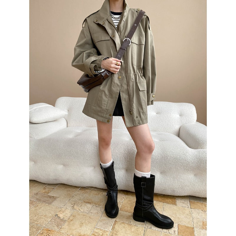Langry olive green retro trench coat with black accents and pockets