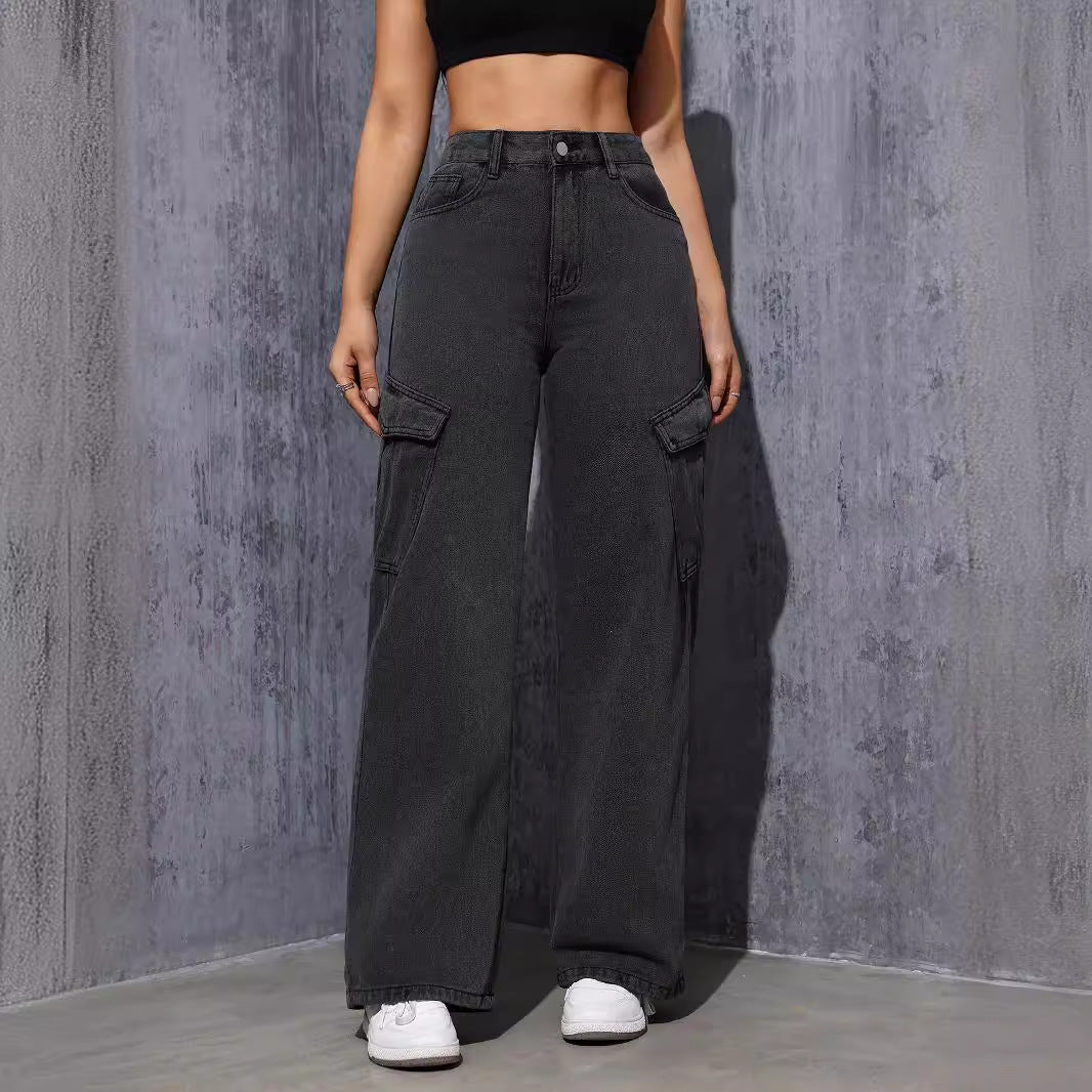 Wide-leg gray cargo pants from Women Straight Jeans trendy collection, perfect for fashion and ملابس styles