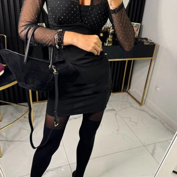 Stylish black Casual Party Drilling Dress with sheer polka dot mesh sleeves in modern fashion