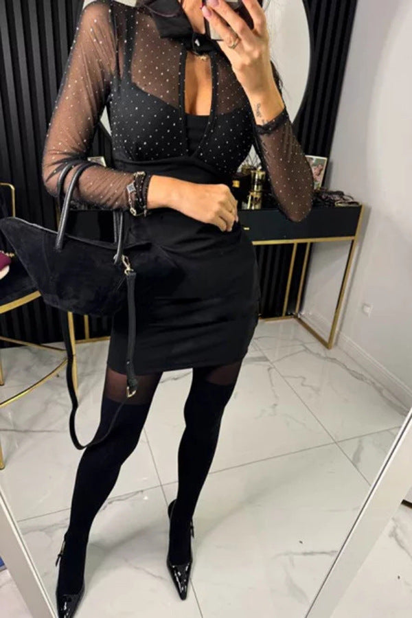 Stylish black Casual Party Drilling Dress with sheer polka dot mesh sleeves in modern fashion