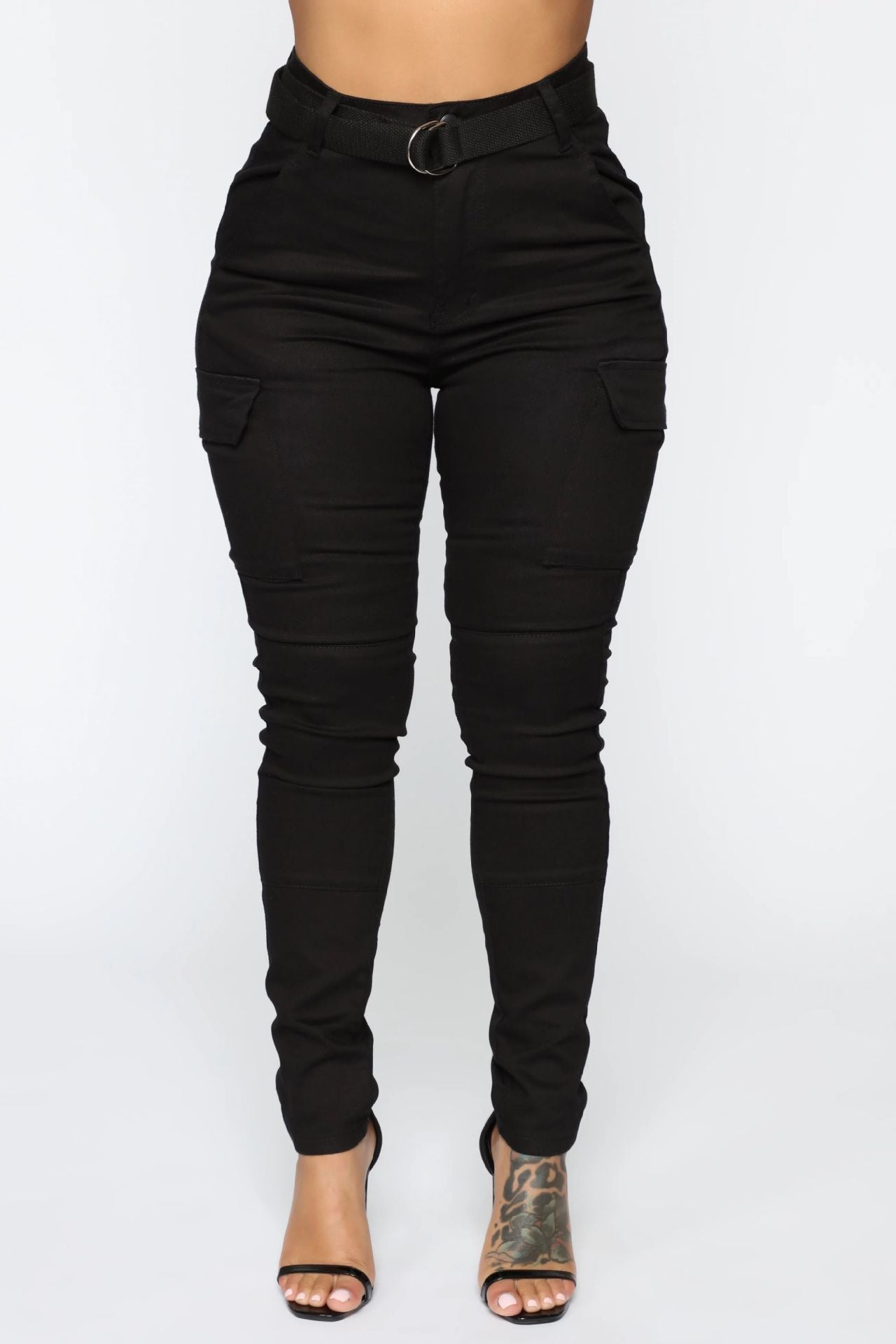 Black high-waisted cargo pants from Casual Skinny Stretch Belt Sports collection