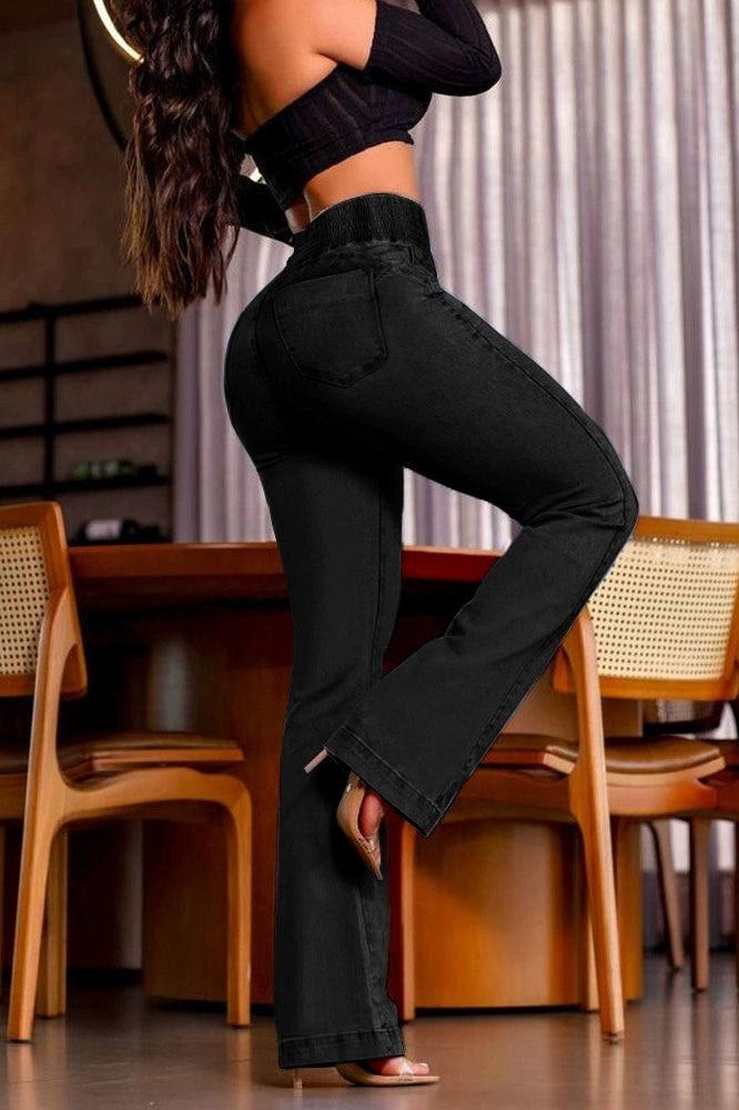 Black high-waisted flare jeans from Beautiful Stretch Hip Lifting Denim Trousers collection in fashion ملابس