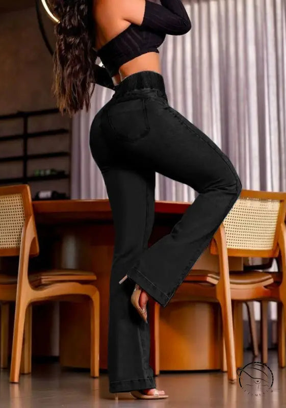 Beautiful stretch hip lifting denim trousers in black high-waisted flare style