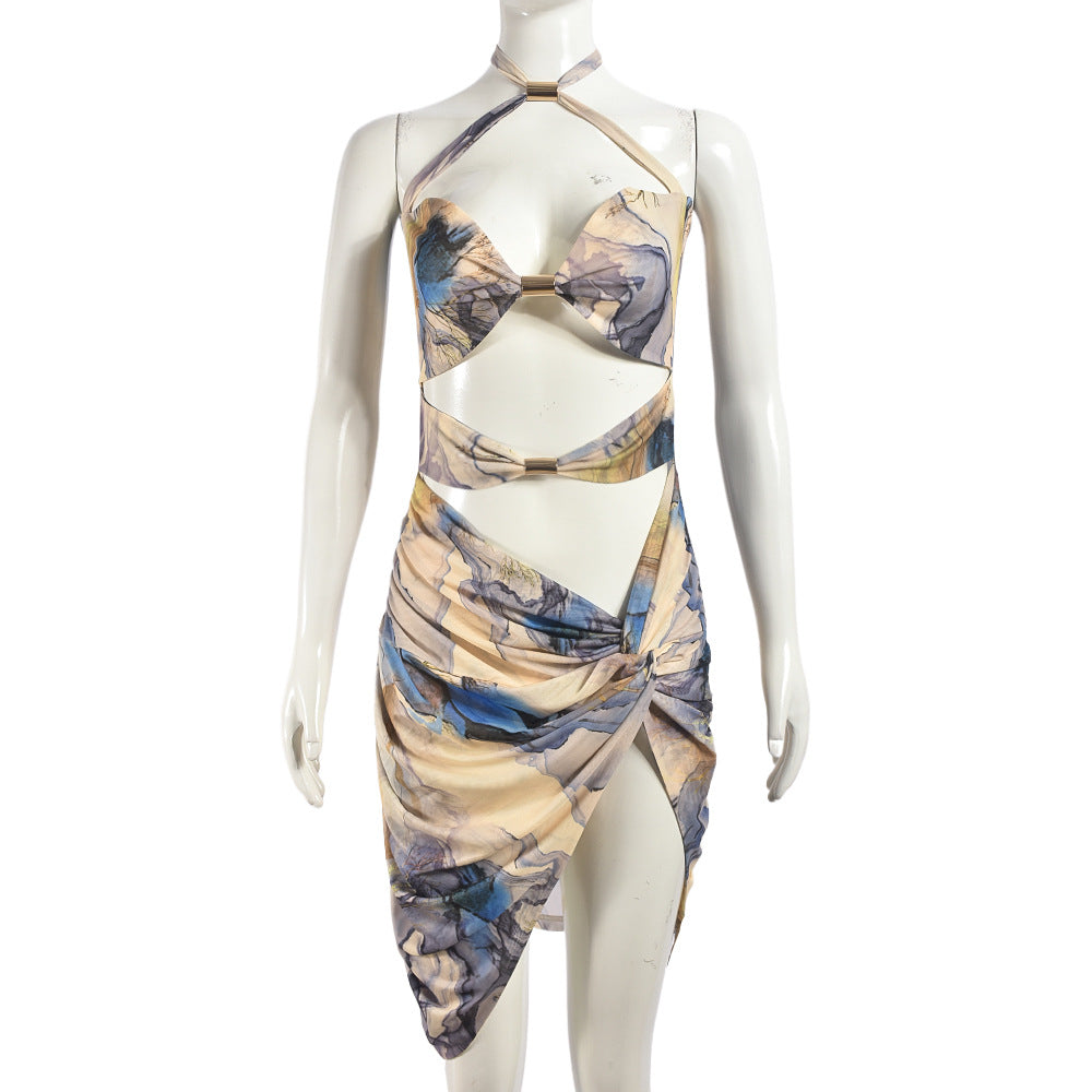 Abstract-patterned halter dress with cutouts, ideal for summer fashion as a split dress