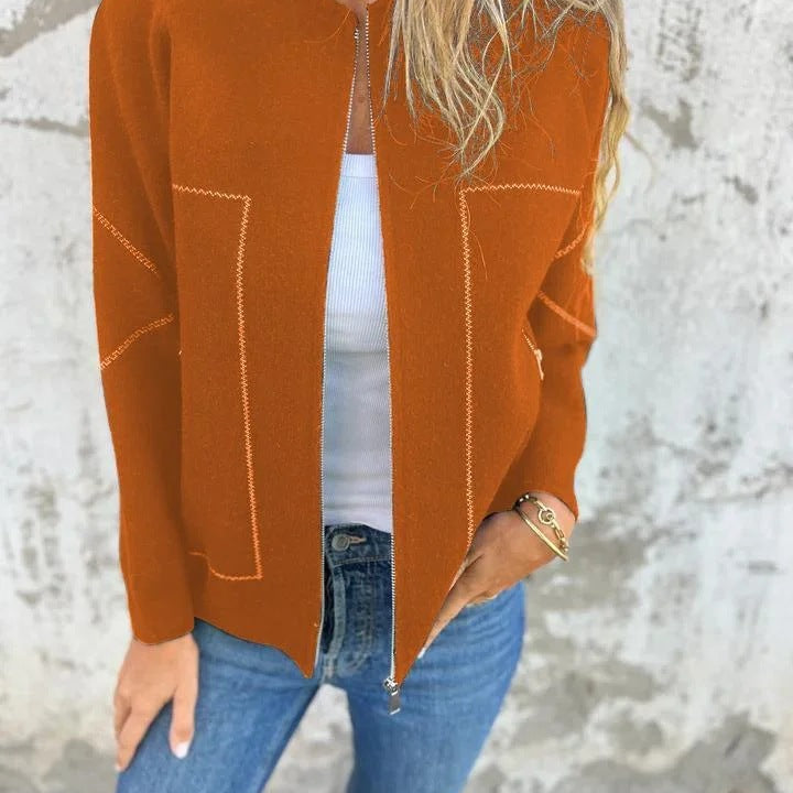 Rust-colored zip-up cardigan with decorative stitching from Langry fashion and ملابس collection