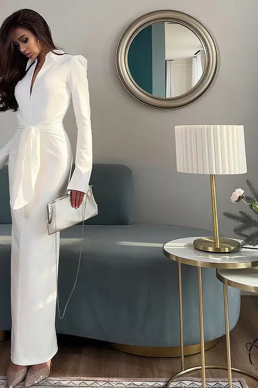 Gorgeous waist tight slim fit dress in white satin with bow detail