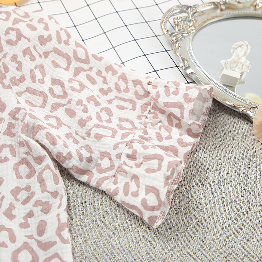 Pink and white leopard print fabric with ruffled short sleeves for Spring Summer pajamas