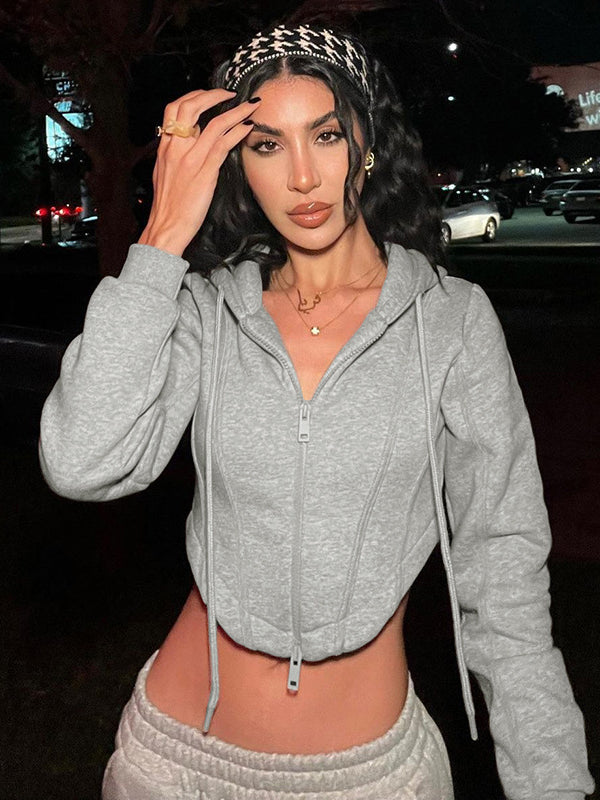 Grey cropped Langry fashion hoodie with gold necklace