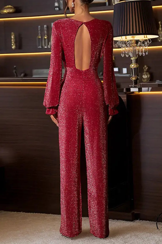 Red sparkly open-back elegant retro high waist jumpsuit