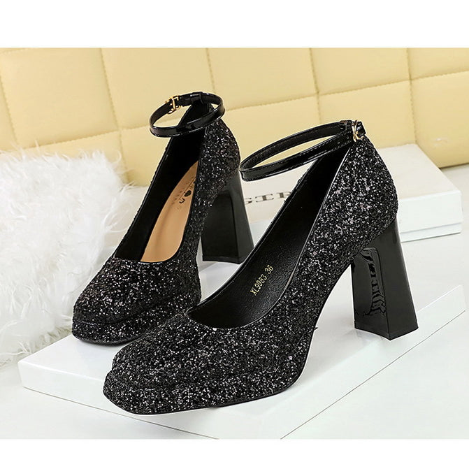 Waterproof Low Cut Square Toe Sequ Ankle Strap Shoes