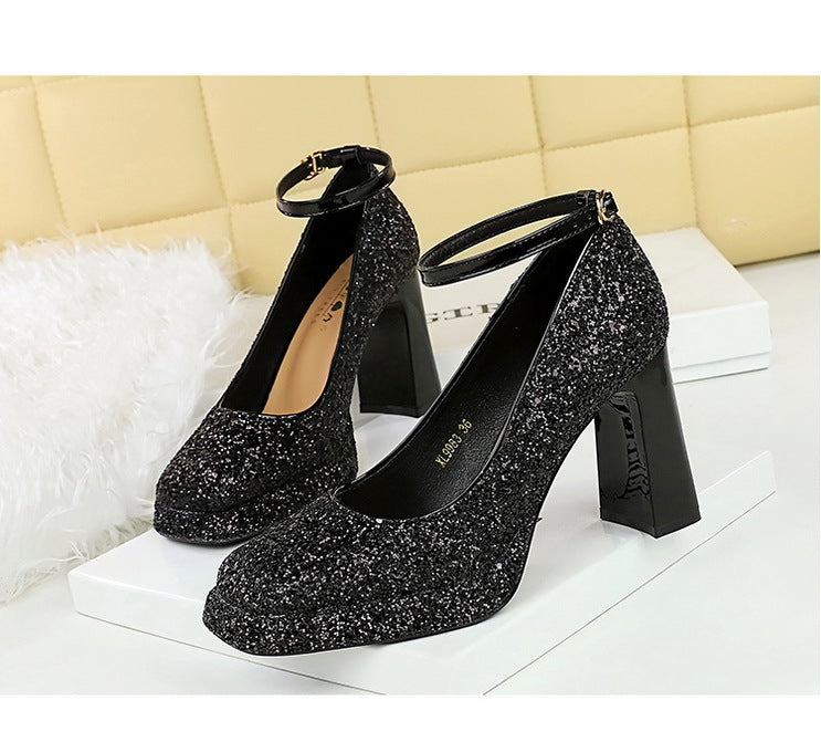 Waterproof Low Cut Square Toe Sequ Ankle Strap Shoes