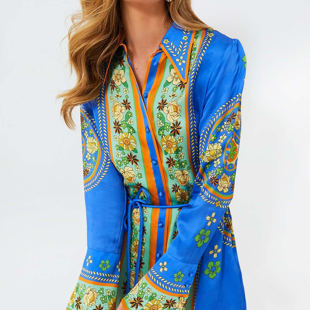 Collared Tied Waist Positioning Print Holiday Long Sleeve Dress Women