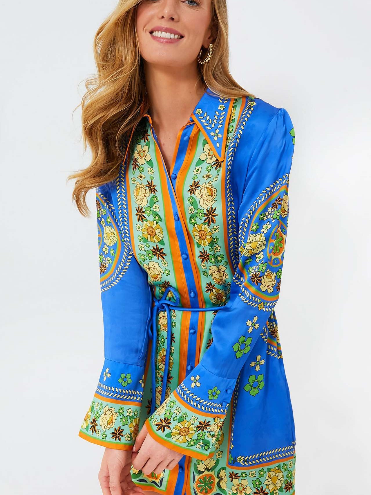 Collared Tied Waist Positioning Print Holiday Long Sleeve Dress Women