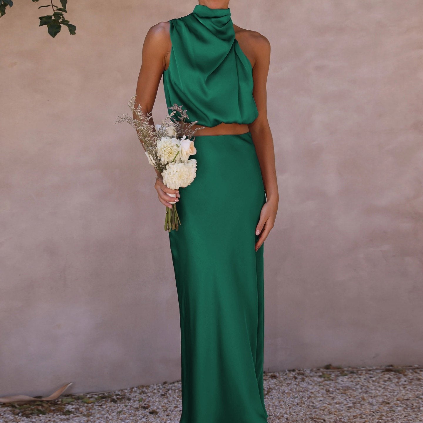 Elegant emerald green satin draping skirt set for a sophisticated dress draping skirt look