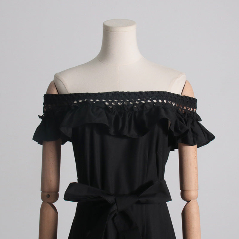 Black off-the-shoulder lace fairy dress with ruffles and tie waist for elegant fashion styles